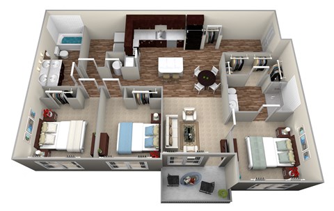 Floor plan for 3 beds, 2 baths, 1233 sqft